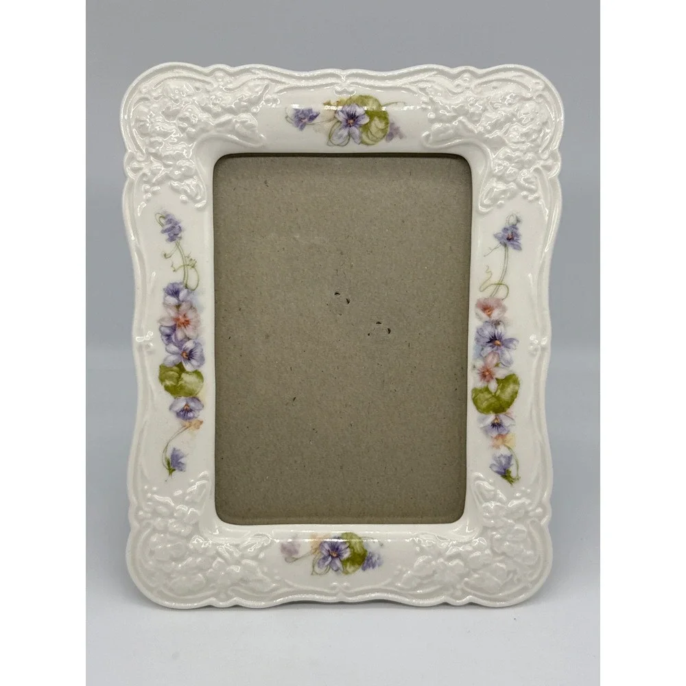 Burnes of Boston Ceramic Picture Frame Purple Floral Scalloped 6.5x4.5 photo